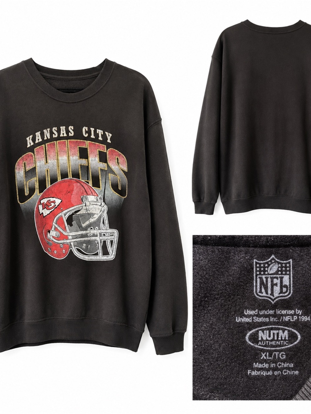 🏈 NFL Kansas City Chiefs Black Crewneck Sweatshirt with Red Helmet Graphic